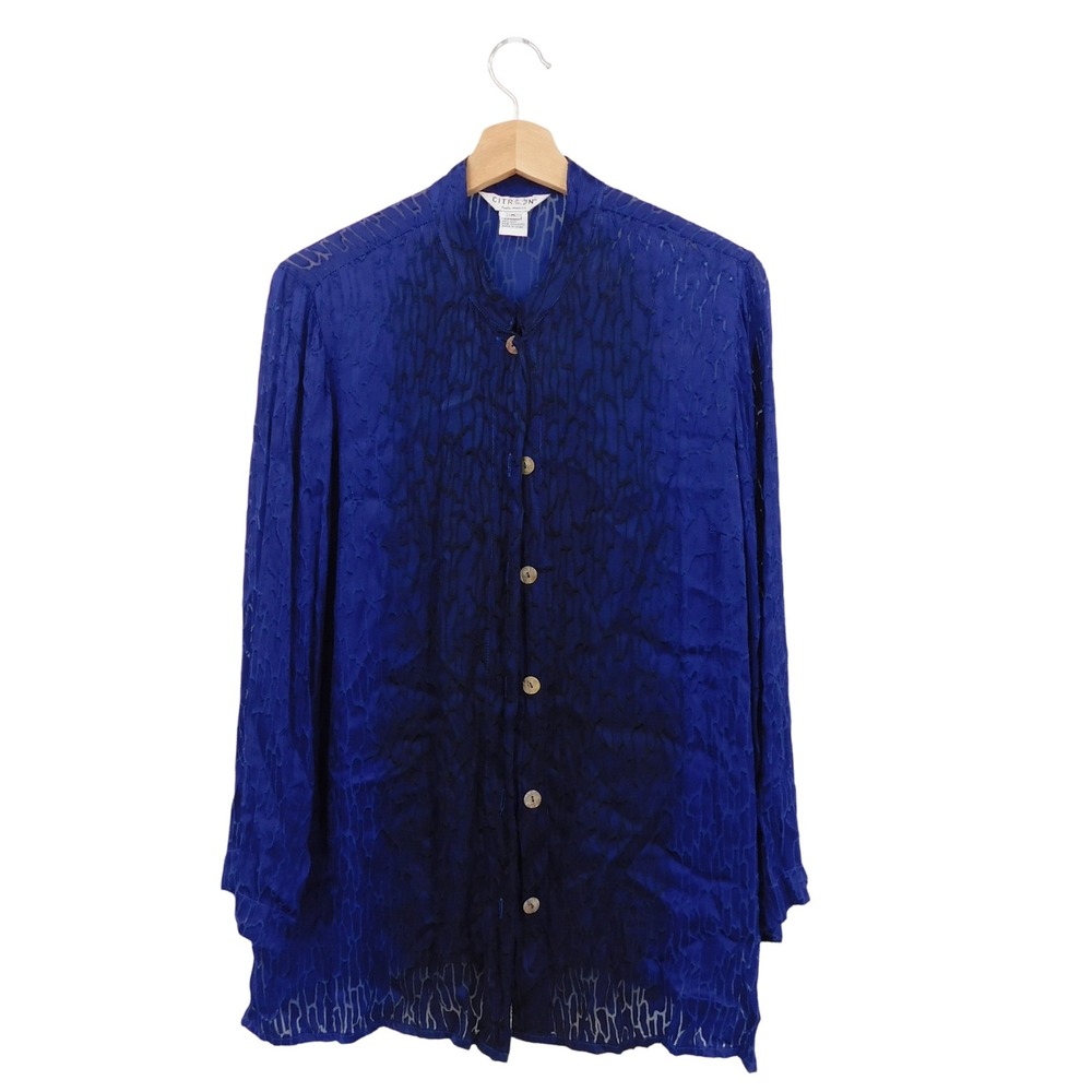 CITRON Santa‎ Monica Navy Textured Burnout Silk Blend Button Up Blouse Top PL